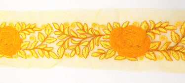Orange Yellow Soft Net Fabric Lace Trim with Floral Embroidery, Lace Trim, Sari Border